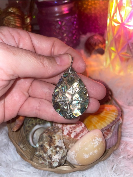Jewelry - Abalone Shell Teardrop Pendant with Tree of Life Wire Wrap - Iridescent